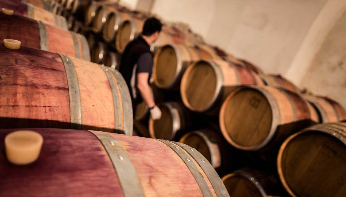 Wooden wine barrels in the wine cellar.