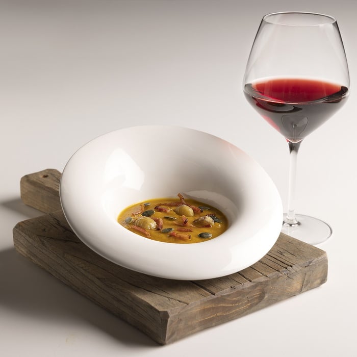 Squash and chestnut cream with crunchy Speck