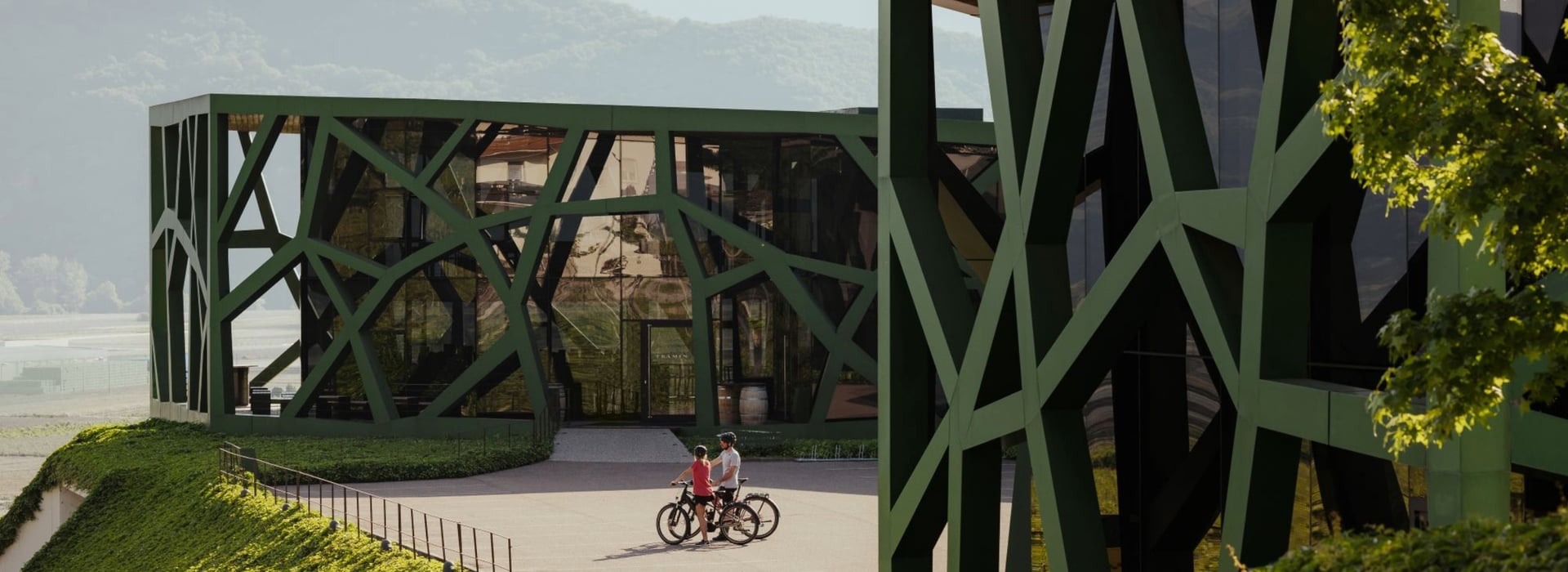 Modern architecture of Cantina Tramin in South Tyrol with green steel structure