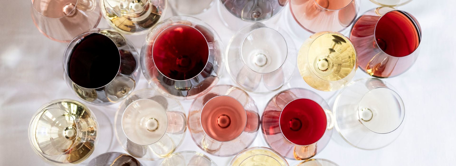 Many wine glasses arranged side by side, photographed from above. You can spot various wines: white, red, sparkling, and rosé, each served in a different glass.